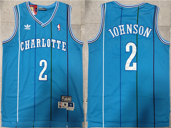 Men's Charlotte Hornets #2 Larry Johnson Blue Mitchell & Ness Throwback Stitched Jersey